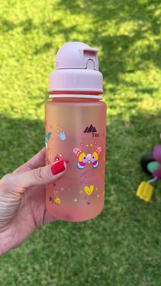 AlpinPro Kids Water Bottle Butterfly Plastic with Straw 400ml