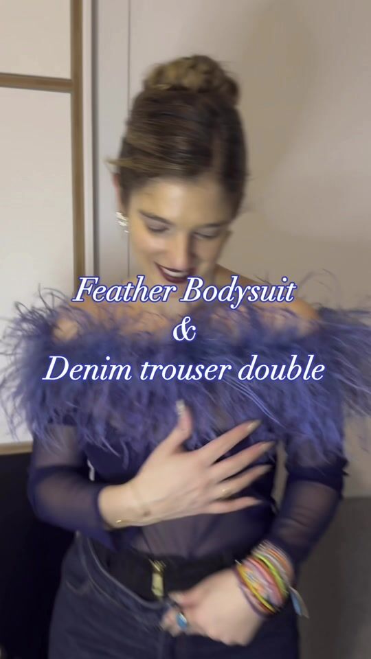 Feather Bodysuit & Denim trouser double ❤️
