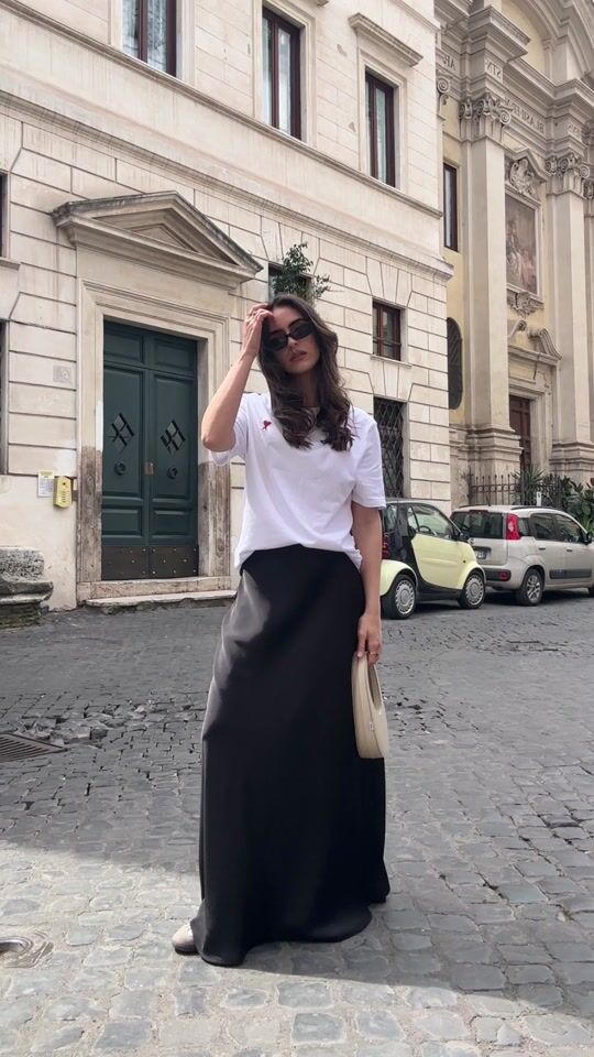 Black satin maxi skirt & White t-shirt for a coffee date 
